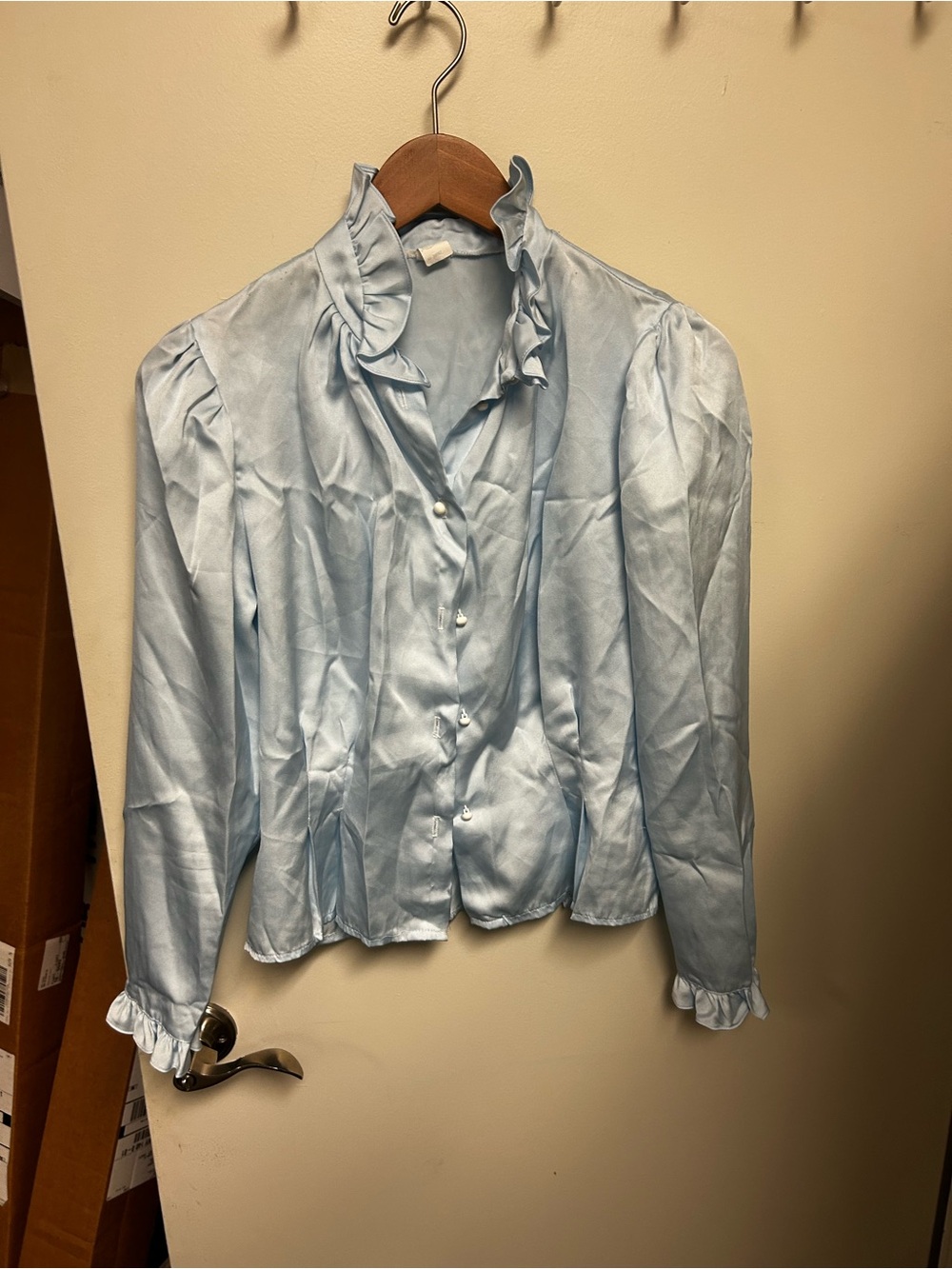 Vintage Light Blue Ruffle Collar Satin Blouse - Women